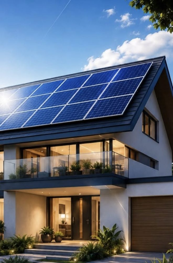 Casa moderna com painéis solares instalados no telhado